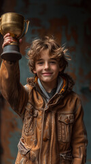 Fototapeta premium A ado sportif holding a trophy in a raised hand and smiling happy.