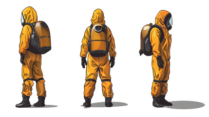 Three views of an illustration showing the front, side and back view of someone wearing protective hazmat suit white background. 
