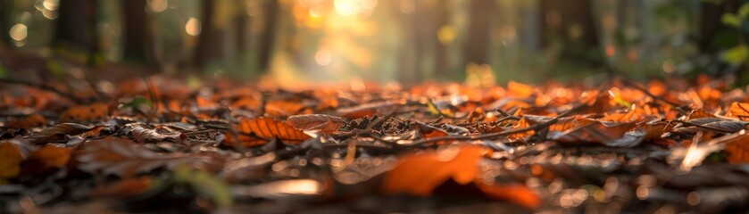 Closeup photo of the soft, earthy browns of forest leaves and soil, highlighting the calm and tranquil atmosphere of a secluded spot