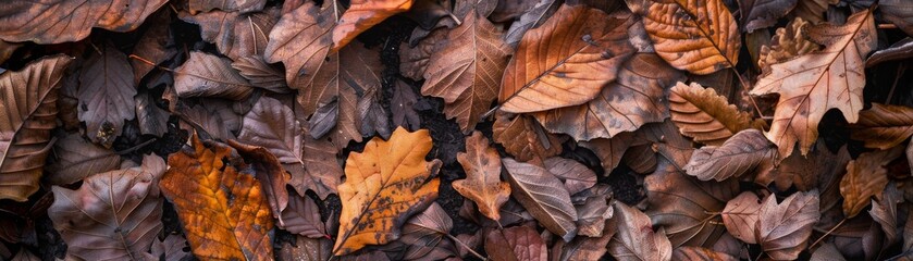 Closeup photo of the soft, earthy browns of forest leaves and soil, highlighting the calm and tranquil atmosphere of a secluded spot