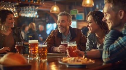 Friends engaged in lively conversation, sitting around a bar, enjoying beer in a pub setting