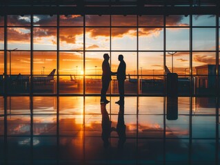 Two business men shaking hands in the airport lobby at sunset