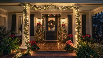 A house adorned with festive Christmas wreaths and twinkling lights, creating a warm and inviting holiday atmosphere