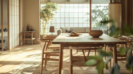 A wide-angle shot of a dining area in a Japandi style living room with a minimalist wooden dining table and chairs