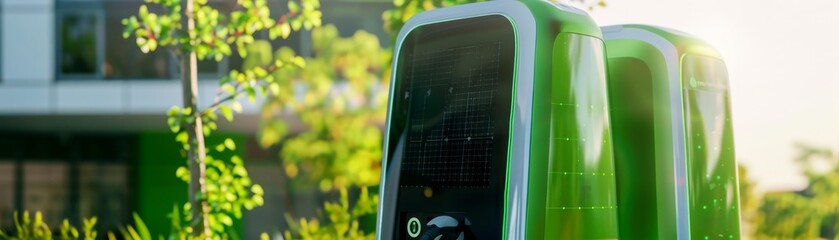 Closeup advertising image of a solarpowered electric charging station, featuring innovative design with vibrant green background enhancing its appeal