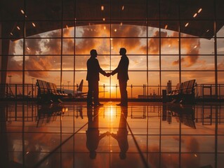 Two business men shaking hands in the airport lobby at sunset