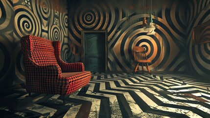 Agony depicted in the patterns of a psychologist's comforting room, gentle chaos with  geometric