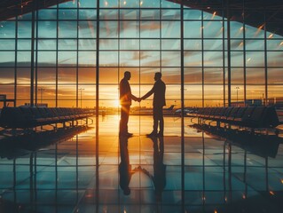 Two business men shaking hands in the airport lobby at sunset