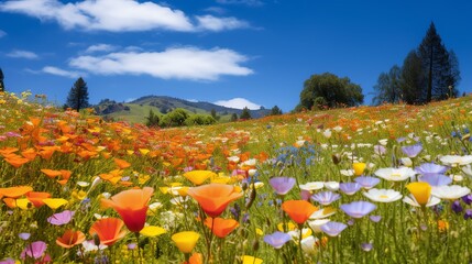 Wildflower meadow at peak bloom, dotted with vibrant colors under a clear blue sky, excellent for springtime event promotions or floral art projects