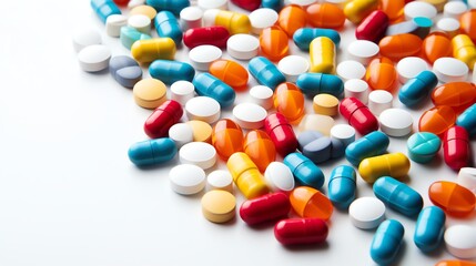A clinical closeup of various multicolored pharmaceutical pills scattered across a clean, white surface, emphasizing precision and care in medication management