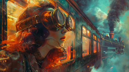 A steampunk girl is riding a train. Old retro train background