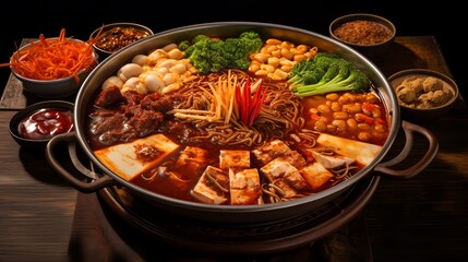 A fiery bowl of Mala hotpot, brimming with a variety of meats, tofu, and vegetables steeped in a spicy Sichuan peppercorn broth, capturing the essence of this Chinese dish - obrazy, fototapety, plakaty