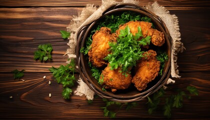 Overhead shot of a vintage wire basket filled with southernstyle fried chicken, garnished with parsley, on an old barn wood background for a country feel