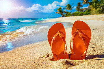 Two orange Havanas on beach sand, near the sea - obrazy, fototapety, plakaty