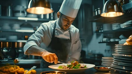 Male chef plating food in plate or preparing cooking food in kitchen at restaurant. Ai Footage.