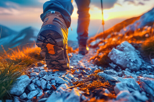 Sunlit trekker hiking nature trails with trekking pole