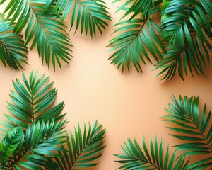 Green palm leaves on a beige background.