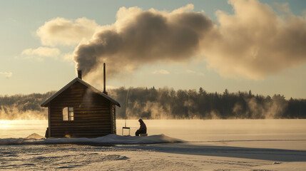 A small wooden cabin sits on a frozen lake. There is smoke coming out of the chimney and a person standing nearby.

 - Powered by Adobe