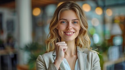 Fototapeta premium A photo of a young woman smiling wearing a suit with her hand on her chin.