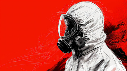 A man in a white hoodie and gas mask against a red background, drawn in pen in a simple sketchbook style, bio hazard gear. Radioactive contamination