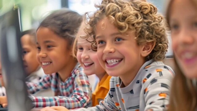A close-up of the children's faces learning with lab top together in class, showing their excitement and engagement