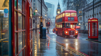 A red double-decker bus drives past a row of red phone booths on a wet street in London.
A red double-decker bus drives past a row of red phone booths on a wet street in London.


