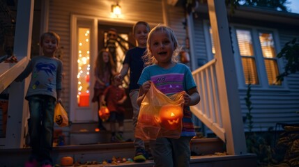 A young girl excitedly holds a bag of pumpkins in front of a house after a night of trick-or-treating