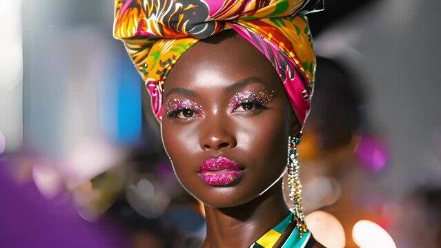 A stunning black woman commanding the runway in a bold and colorful ensemble showcasing the diversity and versatility of black beauty. With her head wrapped in a vibrant turban and .