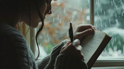 A woman sitting by a rainy window, writing in a notebook under soft natural light