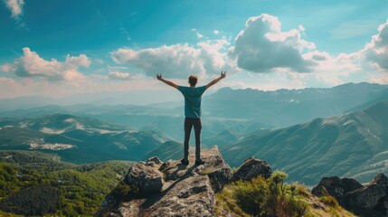 Young individual on mountain top with open arms, symbolizing ambition on Youth Day. International Youth Day