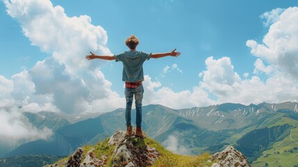 Ambitious youth with arms wide open atop a mountain for International Youth Day. International Youth Day