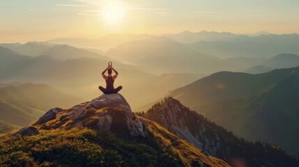 A person engaged in yoga poses on a mountain summit with a scenic view in the background - obrazy, fototapety, plakaty
