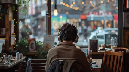 A woman is sitting at a table in front of a window, engrossed in her cell phone with headphones on