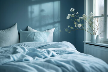 Pastel-toned minimalist bedroom with sleek bed frame, blue and white palette, lit by twilight in a Stockholm home