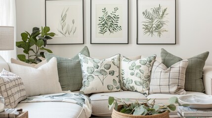 A furnished living room featuring various furniture pieces and wall art, accented with eucalyptus-themed decor like throw pillows and PfWzr