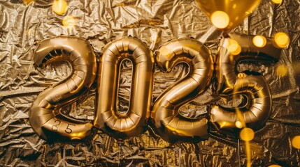 Several vibrant balloons shaped like numbers, 205, stand out against a shiny gold background in a festive setting