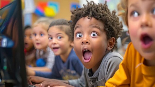 A close-up of the children's faces learning with lab top together in class, showing their excitement and engagement