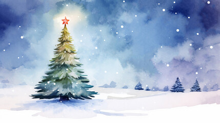 Obraz premium Lonely Christmas tree in a snowy field, starlit sky, watercolor cartoon, soft color