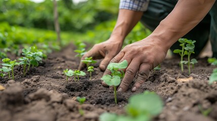 A farmer's hands sowing seedlings on the ground blend in with the idea of social afforestation and afforestation.