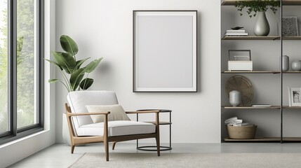Mockup of an empty picture frame for interior design. A view of a contemporary Scandinavian-style room featuring a white wall-mounted artwork template. Concept for a home's design