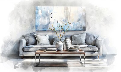 Large spacious living room area, watercolor drawing