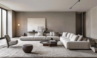Minimalistic living room interior with panoramic windows, sitting area, concrete, gray tones