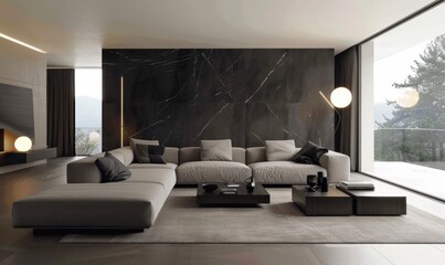 Minimalistic living room interior with panoramic windows, sitting area, marble tiles, gray tones