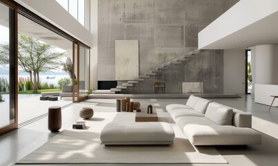 Minimalist interior of a living room in a private house with a second floor, sitting area, concrete, gray tones