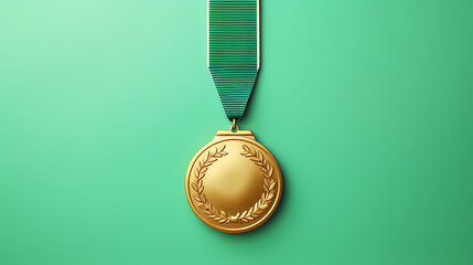 Gold medal with ribbon on green background