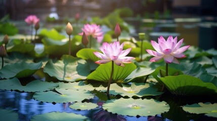 beautiful lotus flowers in the pond, cool and calming