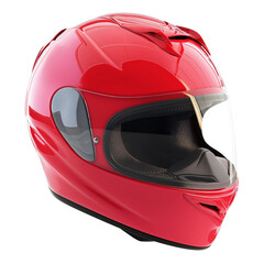 A shiny red motorcycle helmet with a clear visor isolated on a black background.
