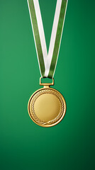 Gold medal with ribbon on green background