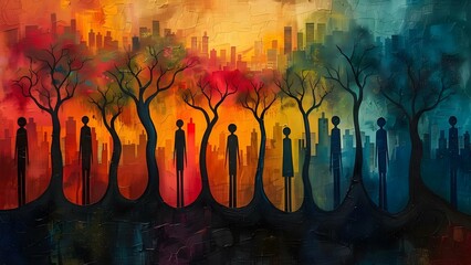 Colorful city painting shows interconnected individuals in a web symbolizing unity. Concept Unity, Interconnection, Colorful City, Web, Painting