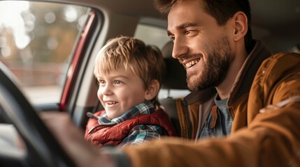 Quality Time Together: Captures the joy and learning moments shared between a father and son during a driving lesson